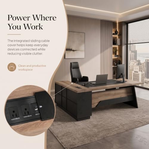 Office Desk with Drawers, 78.74 Inches L-Shape Executive Desk, Industrial Wood Desk with Storage Shelves, Modern Computer Desk for Home Office, Black and Wood, Right - Image 4