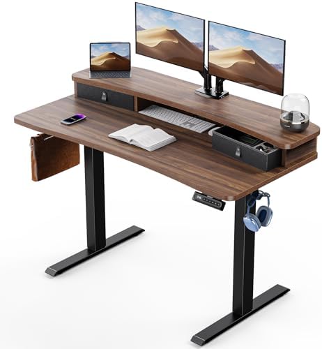 HUANUO 48″ x 24″ Electric Standing Desk with 2 Drawers, C-Clamp Mount Compatible, Height Adjustable Computer Desk, Home Office Stand Up Desk with 4 Preset Heights & 2 Hooks, Walnut by HUANUO