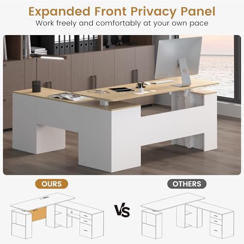 JOMEED 63" L Shaped Executive Standing Desk with Drawers,Oak and White - Image 5