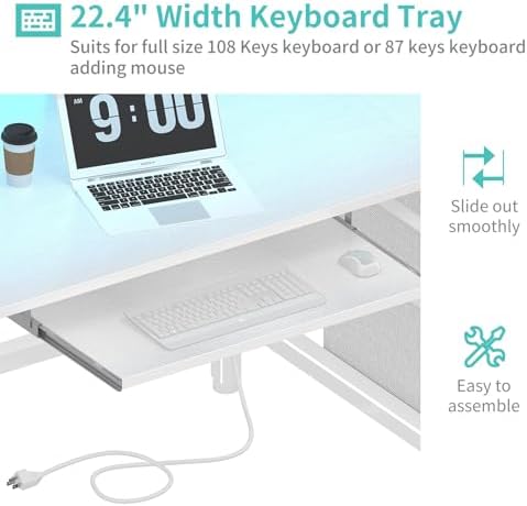 Lufeiya Gaming Desk with LED Lights and Power Outlets, 47 Inch Home Office Desks with Keyboard Tray, White Computer Desk with File Drawers Cabinet, Writing Table PC Desks with Monitor Stand, White - Image 6