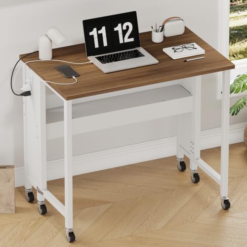 CHOEZON Folding Desk with Power Outlets, 31.5" Rolling Computer Table with Wheels, Portable Office Desk with Storage Shelf for Small Spaces Rustic Brown and White TDN01UWL by Choezon