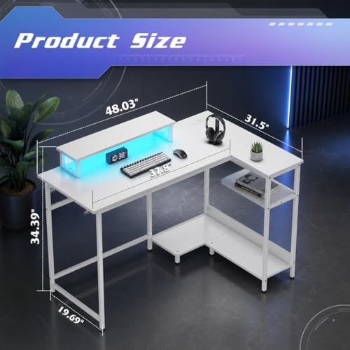 DEVAISE 47" L Shaped Gaming Desk with LED Lights and Power Outlets - Spacious Corner Computer Table with Monitor Stand and Storage Shelves for Work and Gaming, White - Image 2
