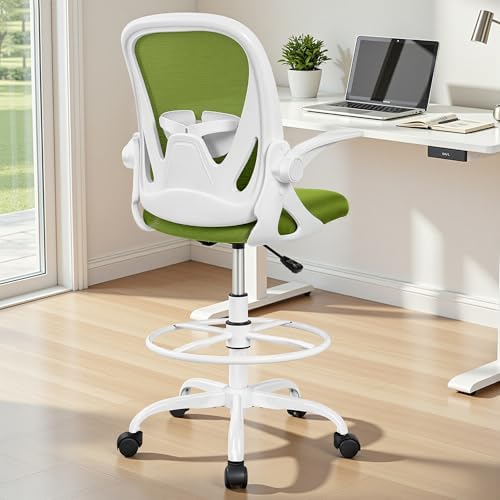 Primy Drafting Chair Tall Office Chair with Flip-up Armrests Executive Ergonomic Computer Standing Desk Chair with Lumbar Support and Adjustable Footrest Ring (AvocadoGreen) - Image 2