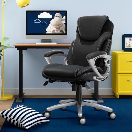 Serta Bryce Executive Office Chair, Ergonomic Computer Desk Chairs with Patented AIR Lumbar Support, Comfy Body Pillows, Height Adjustable, Swivel Base with Wheels, Bonded Leather, Black - Image 2