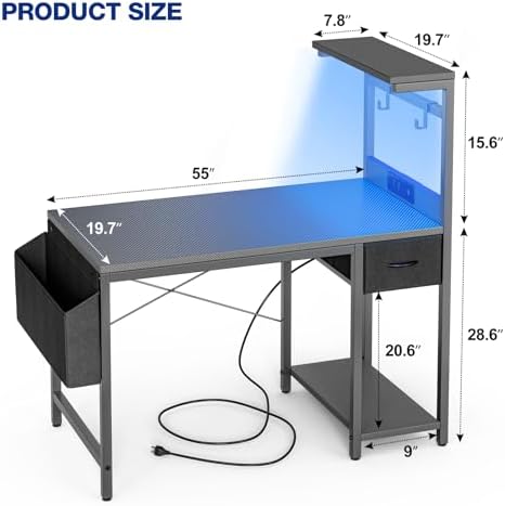 Grandder Gaming Desk 55 Inch with Power Outlet and LED Light, Computer Desk with Reversible Shelves and Storage Drawer, Pc Small Desk for Home Office Table with Bag, Carbon Fiber Grey - Image 3
