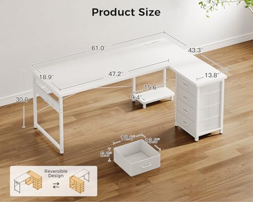 AODK 61" L Shaped Gaming Desk with 4 Drawers and Power Outlets, White - Image 3
