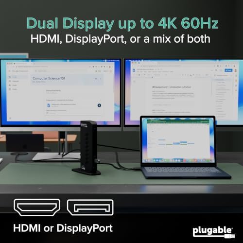 Plugable Dual DisplayPort & HDMI Docking Station - USB 3.0 & USB-C Laptop Dock for Dual Monitors, DisplayLink, Mac (Driver Required), ChromeOS & Windows, Gigabit Ethernet and Audio (UD-6950Z) - Image 4