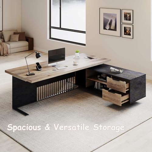 Executive Desk with Privacy Panel, Large Office Desk for Small Business, Computer Desk with Drawers & Storage Cabinets, Thick One-Piece Tabletop (Right Return, 70.86") - Image 6