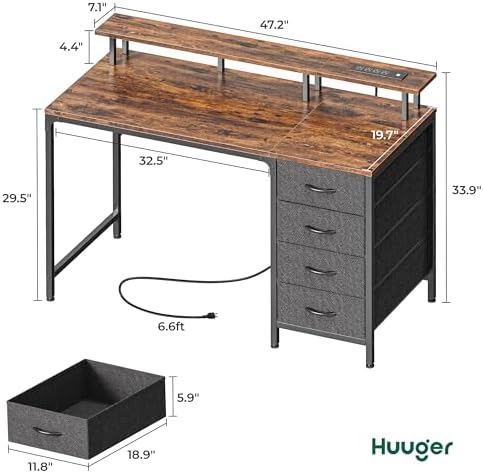 Huuger 47 Inch Computer Desk with Power Outlets and LED Lights, Gaming Desk with 4 Drawers, Office Desk with Monitor Stand, Study Work for Home Office, Small Spaces, Rustic Brown - Image 2