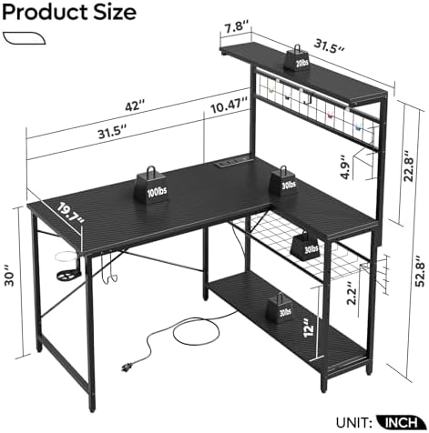 Bestier 42" L Gaming Desk with Power Outlets LED Lights, Carbon Fiber Black - Image 2