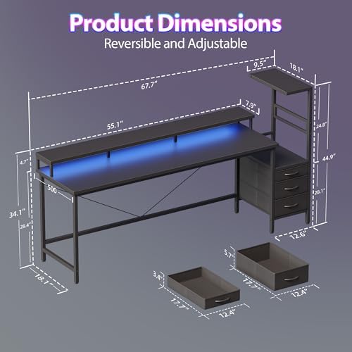 Mericonia 68 inch Gaming Desk with Drawers, Reversible Computer Desk, Black - Image 2