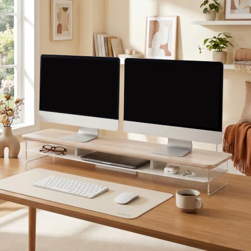 Fenge 42.5" Dual Monitor Stand with Clear Acrylic Legs, Oak - Image 2