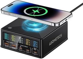 Charging Station, 160W 5-Port USB C with 65W PD, QC3.0, Wireless Charger, LCD Display for MacBook, Laptop, iPad, iPhone, Samsung by ASOMETECH