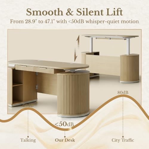 Electric Standing Desk with Storage Drawers, 63'' Executive Height Adjustable Desk with Privacy Panel and Shelves, Wood Fluted Computer Desk for Home Office, Light Walnut - Image 3