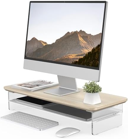 Fenge 23.6" Monitor Stand with Clear Acrylic Legs, Oak by Fenge
