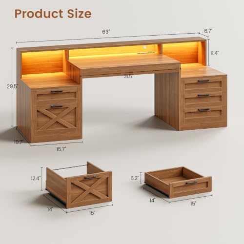 SEDETA 63" Farmhouse Computer Desk with 5 Drawers, Brown - Image 2