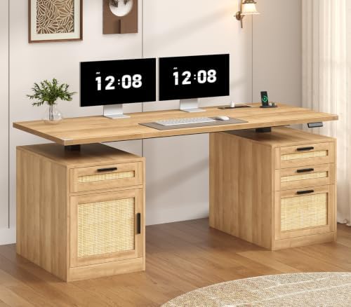 60" Rattan Electric Standing Desk with Drawers for Home Office, Oak by YomiluveDesign