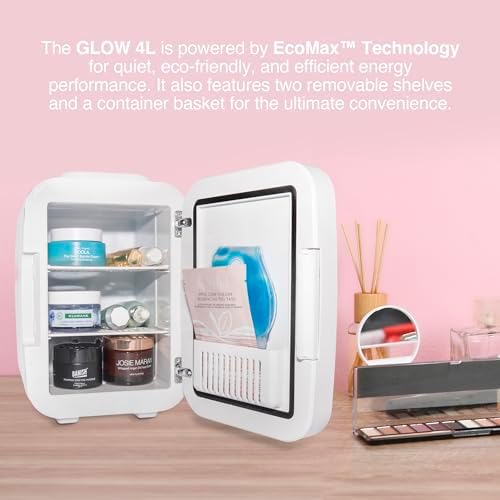 Cooluli Glow 4L Mini Skincare Fridge with Mirror & LED Light - Small Refrigerator for Skin Care, Makeup, Food & Drinks - Portable Mini Fridge for Bedroom & Office, 100-240V, White Mirror LED - Image 4