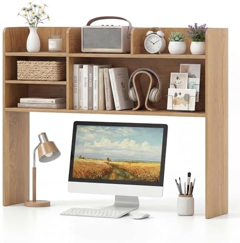 LDAILY 3-Tier Desktop Bookshelf, Wooden Desk Hutch for Computer Monitor Up to 32 Inch, Desk Organizer Shelf with Adjustable Shelf & 6 Storage Shelves, Desk Display Rack for Home Office Dorm (Natural) by LDAILY