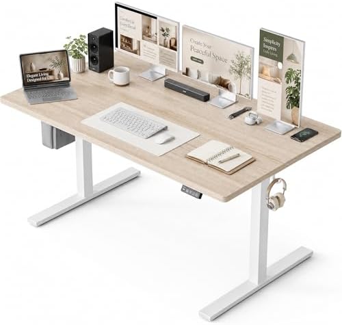 Grandder 55x32 Large Electric Standing Desk, Height Adjustable Computer Desk with 2 Memory Presets, 31.5" Deep Desktop Sit Stand Desk Home Office Desk Workstation Table with Hooks, Light Walnut by Grandder