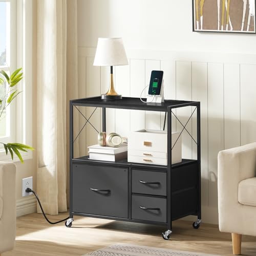 MAHANCRIS File Cabinet with Charging Station, 3 Drawer Lateral Filing Cabinet for Home Office, Mobile Printer Stand with Open Shelf, Fits A4/Letter Size File, Nonwovens Drawer, Black FCHB98E01 - Image 4