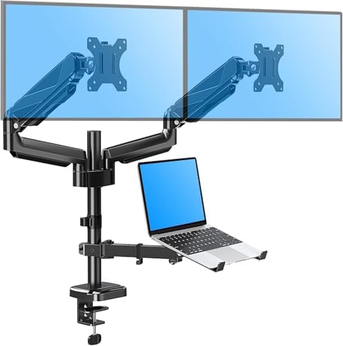 MOUNTUP Dual Monitor and Laptop Mount, Adjustable Monitor Stand for 2 Max 27" Computer Screens, Laptop Tray Fits 10-17inch Notebook, Holds 4.4-17.6lbs Per Arm, 3-in-1 Adjustable Monitor Desk Mount by MOUNTUP