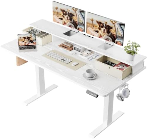Veken 55x26 in Electric Standing Desk with Drawers, Adjustable Table, White by Veken