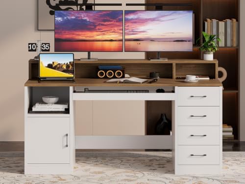 RALGEND 55" Office Desk with Drawers, Farmhouse Executive Desk with Drawers - Image 4