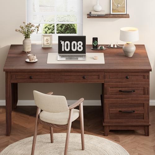 53.5" Executive Desk with Power Outlet, Home Office Desk with Drawers, Wooden Work Desk with File Cabinet, Computer Desk for Work, Study, Writing, Brown - Image 3