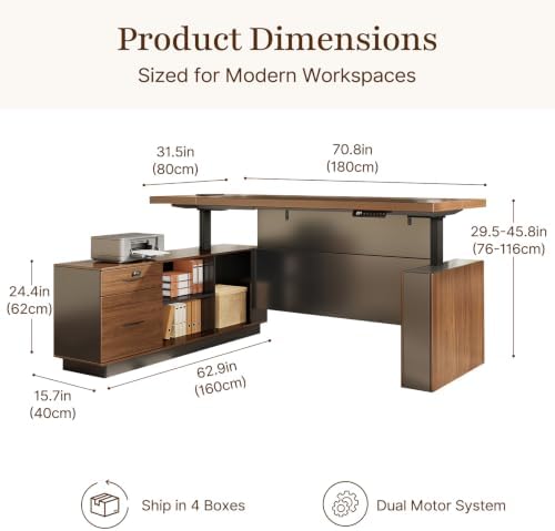 71" L-Shaped Executive Standing Desk with File Drawer, Dual Motors, Power - Image 2
