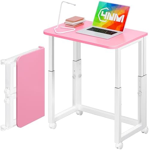 4NM No Tool Assembly 23.6" Small Desk, Folding Portable Desk with Wheels, Adjustable Height Foldable Computer Home Office Desks, Collapsible Study Writing Table for Space Saving Bedroom - Pink White by 4NM