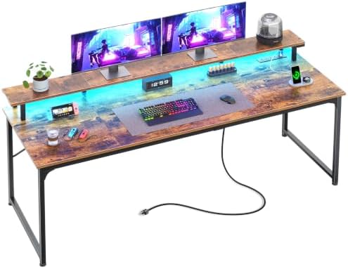 PRAISUN 63 inch Gaming Desk, LED & Outlets, Monitor Stand, Rustic Brown by PRAISUN