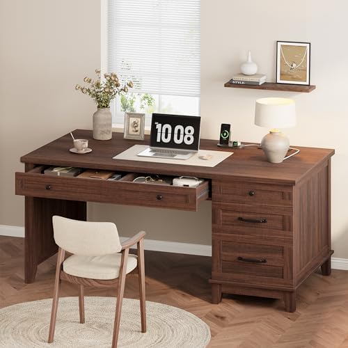 53.5" Executive Desk with Power Outlet, Home Office Desk with Drawers, Wooden Work Desk with File Cabinet, Computer Desk for Work, Study, Writing, Brown by SLEKVERSA