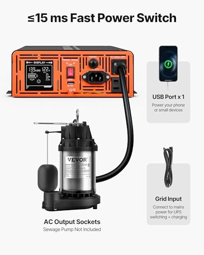 VEVOR 2000W Sump Pump Battery Backup System, LCD Display, Auto Switches to Battery Inverter Power for Sump Pump, Pure Sine Wave, for Basement Protection Emergency and Power Outage, Battery Not Include - Image 3