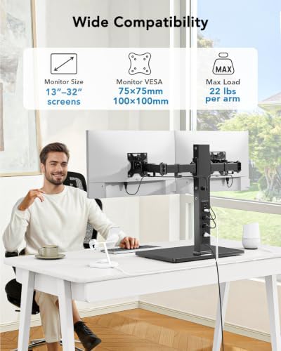 HUANUO Dual Monitor Mount with Power Outlet, Computer Monitor Stand with Sturdy Glass Base, Full Motion Dual Monitor Stand with Adjustable Height, Supports 13″-32″ Displays up to 22 lbs, Easy Setup - Image 2