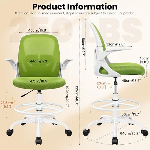 Primy Drafting Chair Tall Office Chair with Flip-up Armrests Executive Ergonomic Computer Standing Desk Chair with Lumbar Support and Adjustable Footrest Ring (Green) - Image 3