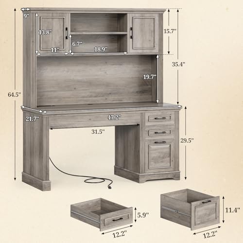 SEDETA Office Desk with 3 Drawers, 47.2" Executive Computer Desk with Storage Drawers and Hutch Cabinet, Wood Farmhouse Desk with Power Outlet for Home Office, Grey - Image 2