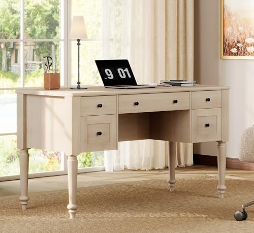 WAMPAT Wood Executive Desk with 5 Drawers & Charging Station, Beige, 56" by WAMPAT