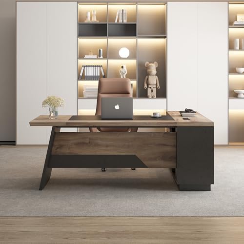 L Shape Executive Desk, Large Office Desk with Drawers & Shelves, 78.74 Inches Industrial Wooden Desk with Storage, Modern Computer Desk for Home Office, Black and Wood, Left Side - Image 3