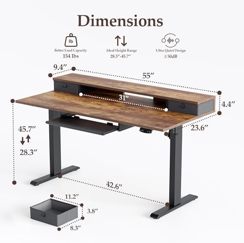 Klicelor 55 x 24 Inch Electric Standing Desk with Drawers and Keyboardtray, Adjustable Height Small Sit Stand Desk for Home Office, Compact Computer Workstation with Storage- Rustic Brown - Image 3