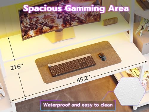 SEDETA 65.7'' Gaming Desk with LED Lights, Hutch and Storage Shelves, White - Image 4