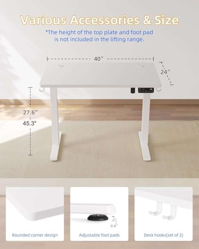 YIHAYO Electric Standing Desk, 40 x 24 Inches Stand Up Desk with Splice Board, Adjustable Height Desk, Computer Desk for Home Office, White Frame/White Top - Image 3