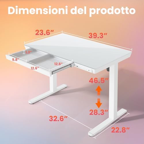 HUANUO Glass Standing Desk with Drawers, 40 X 24 Inch Electric Adjustable Height Desk, Quick Install One-Piece Tabletop with USB Charging Ports, White - Image 3