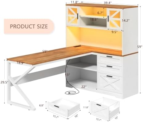 59" Farmhouse L Shaped Computer Desk with Drawers, Storage Cabinet, Outlet - Image 2