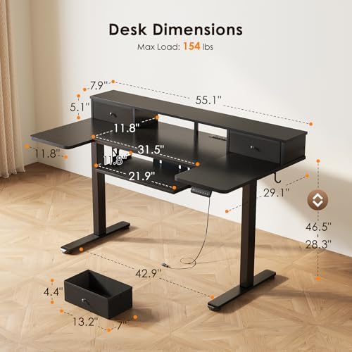 OffiGo 55 Inch U Shape Standing Desk with Keyboard Tray & Drawers, Black - Image 3