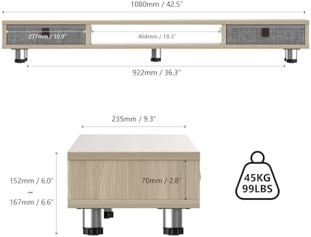Fenge Dual Monitor Stand, 2-Tier Desk Organizer with Drawers, 42.5in, Oak - Image 3