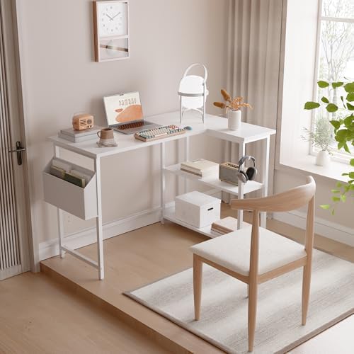 Pamray 40 Inch L Shaped Computer Desk with Reversible Side Storage Shelves, Small Corner Desk for Small Space Home Office, Writing Study Table PC Desk for Bedroom, White - Image 2