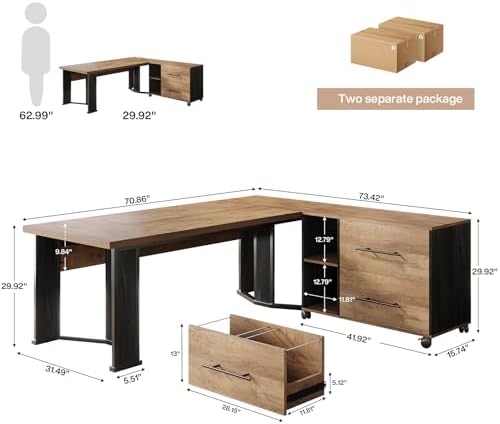Tribesigns 70.86" Executive Desk with Mobile File Cabinet, Large L Shaped Computer Office Desk with 2 Drawers and Storage Shelves, Business Furniture Desk Workstation for Home Office (Light Brown) - Image 2