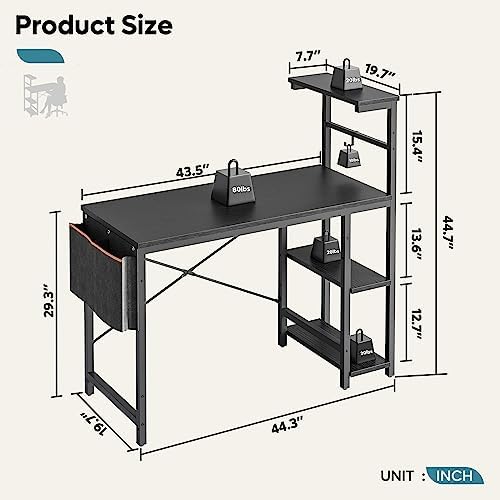 Bestier Gaming Desk with LED Lights, 44 Inch PC Gamer Desk for Small Spaces, Computer Desk with Reversible Storage Shelves & Side Storage Bag (Black Grained) - Image 3