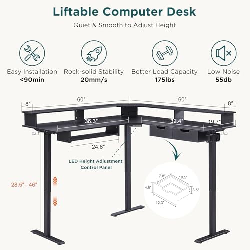 RedLemon 60 Inches L Shaped Electric Standing Desk, Carbon Fiber Black - Image 2